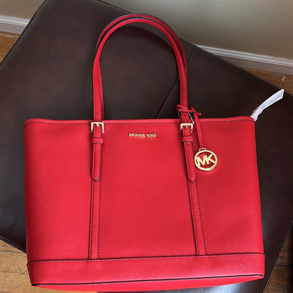 Michael Kors Jet Set Travel Large Shoulder Tote Leather Flame